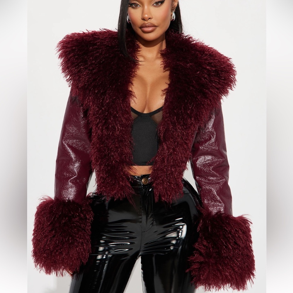 Fashion Nova Burgundy Faux Fur Jacket